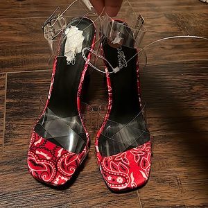 Red Bandana Print Clear Strap Heeled Sandals